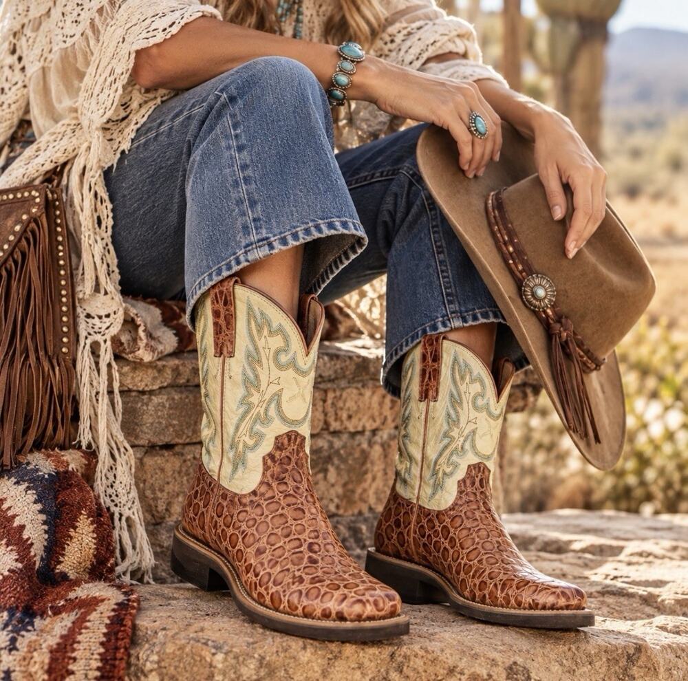 Twisted X WBB0005 Women’s 8M Western Cowboy Boots Croc Embossed Leather Cream